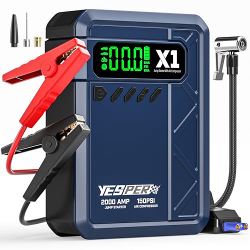 YESPER Jump Starter with Air Compressor 2000A 150PSI Battery Jumper Starter Portable(8L Gas/6L Diesel), 12V Car Jump Pack Battery Charger Jump Box with Jumper Cables, LCD Display, Lights(Blue) - color: Blue