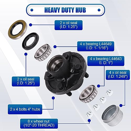 2 Sets Trailer Idler Hub Kit 4 on 4 Bolt Pattern for 2000 lb Axles, Includes 1" and 1-1/16" Bearings with Pre-Installed Races, Reliable Performance for Boat and Utility Trailers - size: 4 on 4" 2000 lbs