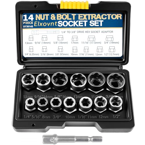 Bolt Extractor Kit, 14Pcs Cr-Mo Steel Bolt Extractor Set, 3/8" Drive Impact Bolt & Nut Remover Socket Tool Kit, Stripped For Damaged, Frozen, Studs, Rusted, Rounded-Off Bolts, Nuts & Screws