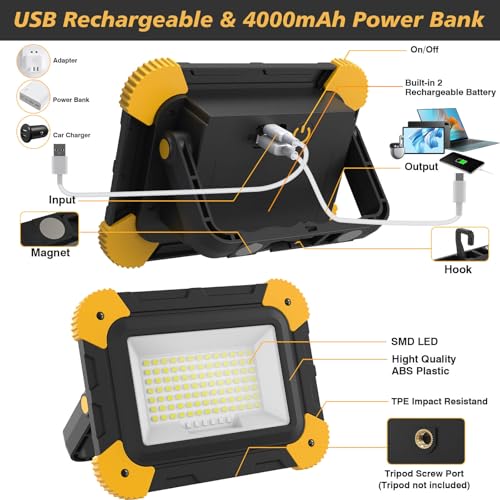 AUMIO Rechargeable Magnetic LED Work Light, 40W Flood Light with 5 Modes | Dual Magnetic Bases | 180° Adjustable Stand | Wide Flood Beam | Hands-Free Lighting | Portable Design | Car Repair & Garage - color: Magnetic 1-Pack
