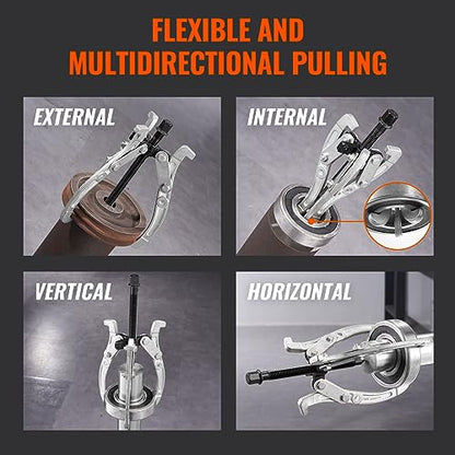 VEVOR Gear Puller Set, 3" 4" 6" 8" Puller Kit, 3 Jaw Gear Bearing Flywheel Pulley Removal Tool, 2 or 3 Reversible Jaws Wheel Puller, Vertically and Horizontally, External and Internal, 4-Piece