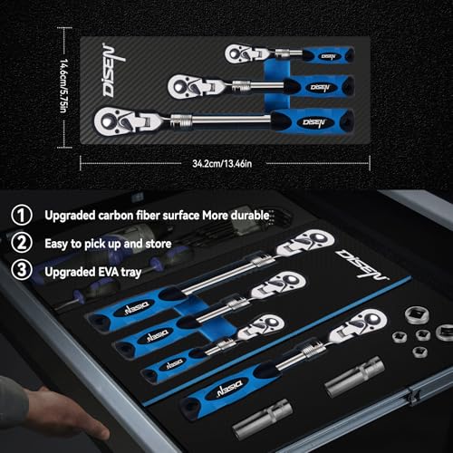 DISEN 3-Piece Extendable Flex-Head Ratchet Wrench Set with EVA Storage Case - 1/4", 3/8", 1/2" Drive, 72-Tooth, Rubber Grip, Adjustable Length - Professional Automotive and DIY Tools - size: 1/4''+3/8''+1/2'' Set, style: 72T Extendable&Flex-Head Ratchet