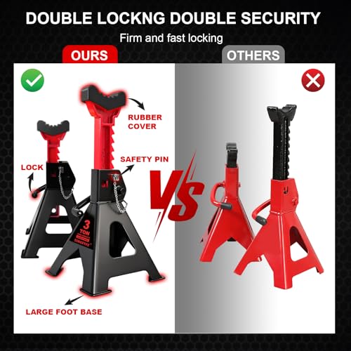 3 Ton (6,600 LBs) Jack Stands with Double Pin Locking,Rubber Cover and Large Foot Base,11"-17" Adjustable Height,Heavy Duty Car Jack Stands,Lifting SUV,MPV,Pickup Truck,ATV/UTV,1 Pair - color: red-standard, size: 3ton Load Capacity