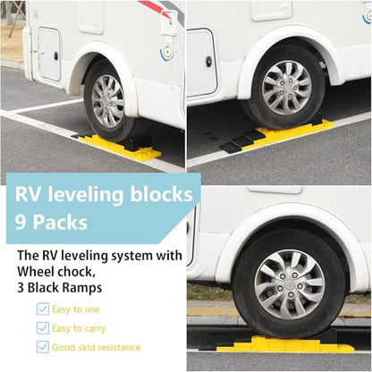 Homeon Wheels 10 Packs Rv/Camper Leveling Blocks, Chocks Anti-Slip Pads Design Include One Wheel Chock and Carrying Bag for Camper Travel Trailer - Yellow - color: Yellow + Black chock
