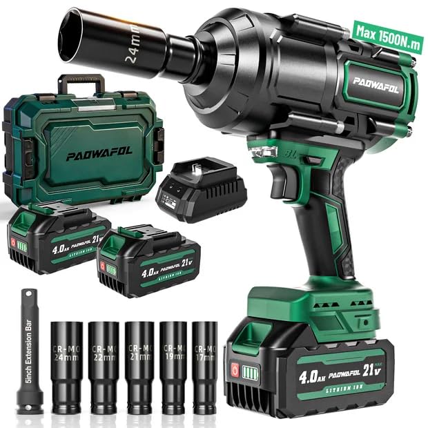 2026 New Upgrade 1106ft-lbs(1500N.m) Impact Wrench, High Torque 1/2 Impact Gun with 21V 2x4.0AH Battery, Fast Charger & 5 Sockets, 3500IPM Brushless Impact Driver for Home Car Truck Tires - color: Green