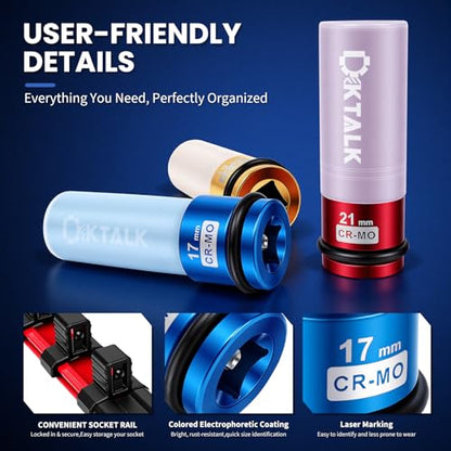 1/2 Drive Lug Nut Socket Set, 3PCS Metric 17mm 19mm 21mm Impact Socket with Removable Protect Sleeves And Bracket, Cr-Mo Steel, 6 Point, Non-Marring Deep Thin Wall Wheel Lug Nuts Socket - color: 3pcs-17mm 19mm 21mm