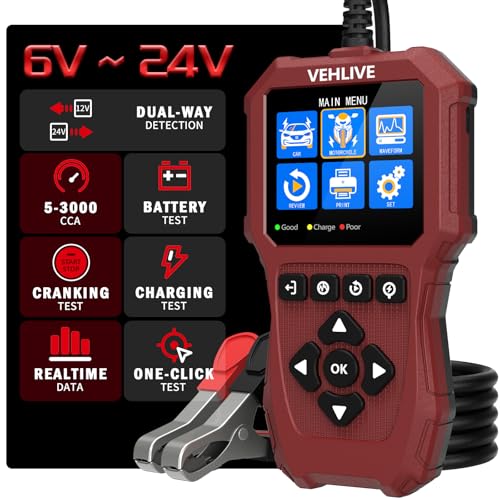 Car Battery Tester 6V 12V 24V with Lithium Battery Testing, BT911 5-3000CCA Automotive 12V&24V Dual Circuit Testing, Load/Alternator Tester, Charging Cranking System Tester for All Car Motorcycle Boat - color: Light Red