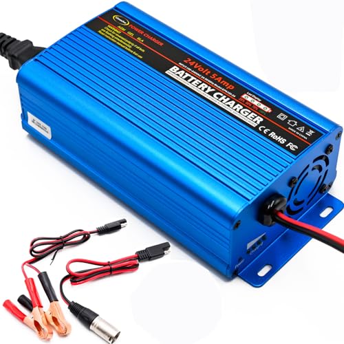 Unocho 24V 5A Battery Charger Smart 4-Stage Lead Acid Battery Maintainer with 3-Pin XLR & Alligator Clips for AGM Gel SLA VRLA Wet Batteries (US Plug)
