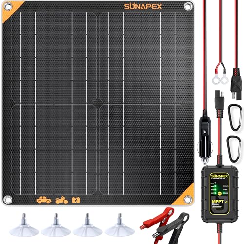 SUNAPEX MPPT 20Watt 12V Solar Car Battery Trickle Charger & Maintainer | Waterproof Flexible Solar Panel Kit | Prevents Overcharging with Smart Controller | Fits 12V Batteries for Boats, RVs & More - color: Black, size: 20W MPPT