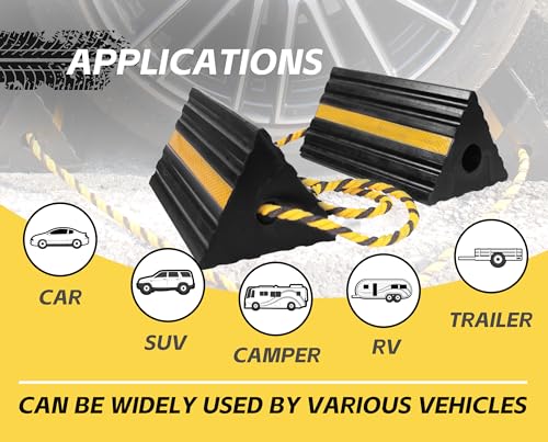 MaxxHaul 50019 Heavy Duty 3-Sided Rubber Wheel Chock with Yellow Reflective Strips and Nylon Rope and Non-Slip Base - 1 Pair - style: Rubber Wheel Chock