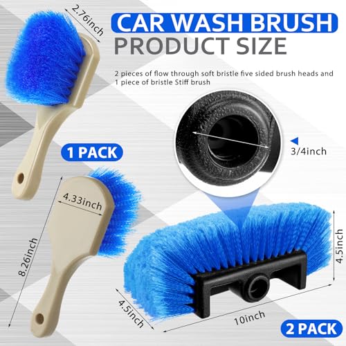 Vesici 2 Pcs 10 Inch Car Wash Brush Head with Soft Detailing Bristle Flow Through Car Cleaning Brush with 1 Pcs Stiff Bristle Wheel Brushes for Motorboat Rv Facades of Houses Wheel Carpet (Blue) - color: Blue