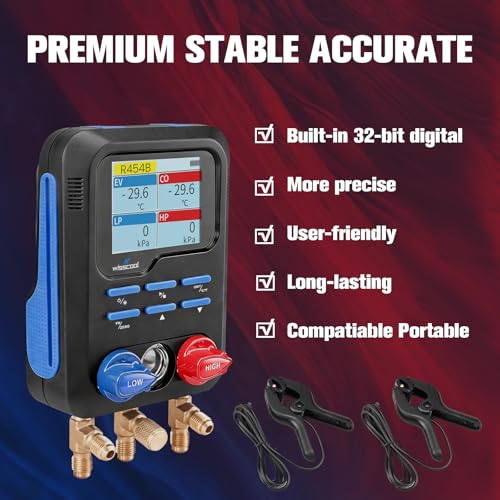 WISSCOOL Digital Manifold Gauges HVAC, R454B R134A R410A R32 AC Gauge Set | Color LED Display, 2 Thermometer Clamp Probes, 3 AC Hoses with Pressure Temp Leak Test for HVAC Automotive AC Charging