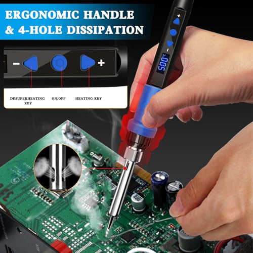 908D Blue 80W Adjustable Temperature Soldering Iron Kit, Heat Resistant Anti-Slip Handle, Includes 5 Soldering Tips, Solder Wire, Stand, Flux, Solder Pen/Hot Pen for DIY & Repair - color: Blue
