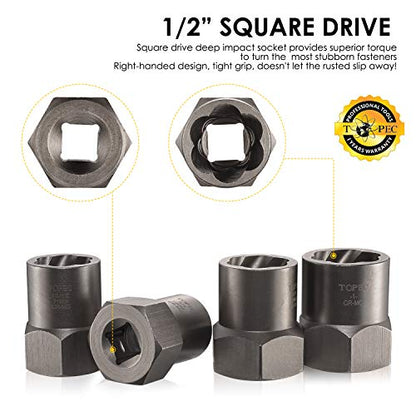 Topec 5-Piece Heavy Duty Bolt Remover Set, 1/2" Drive Impact Extractor Set, Perfect Tool Kit for Removing Stripped, Damaged, Rounded off and Rusted Bolts & Nuts, and Shorter Profile Lug Nuts - color: 5-piece