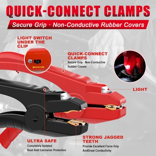 Heavy Duty Jumper Cables,6 Gauge 16 Feet Booster Battery Cable,Automotive Wires with LED Light,Alligator Clips,Carrying Bag,Safety Gloves and Iron Brush for Cars Truck - size: 6 Gauge 16 feet (LED)