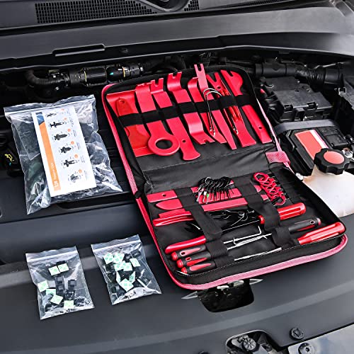 GOOACC 200Pcs Trim Removal Tool, Auto Push Pin Bumper Retainer Clip Set Fastener Terminal Remover Tool Adhesive Cable Clips Round Handle Crowbar Pry Kit Car Panel Radio Removal Auto Clip Pliers - color: 120Pcs Clips +80 Remover