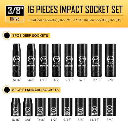 BOEN 3/8" Drive Impact Socket Set, 57-Piece Standard SAE (5/16 to 3/4 inch) and Metric (8-22mm), Include Ratchet Handle, Extension Bar, Universal Joint, Adapter, and Additional 5 10mm Sockets
