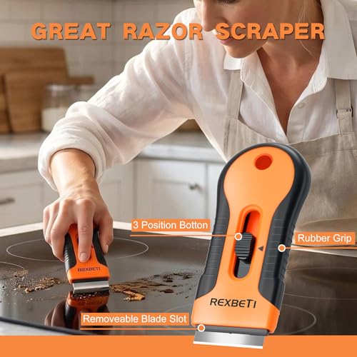 REXBETI Razor Blade Scraper Tool, 2 Pack Razor Scraper Set with Extra 80Pcs Razor Blades -30Pcs Metal and 50Pcs Plastic Blades, Cleaning Scraper Tool, Cooktop, Paint, Glass Scraper - style: Original 2 Pack