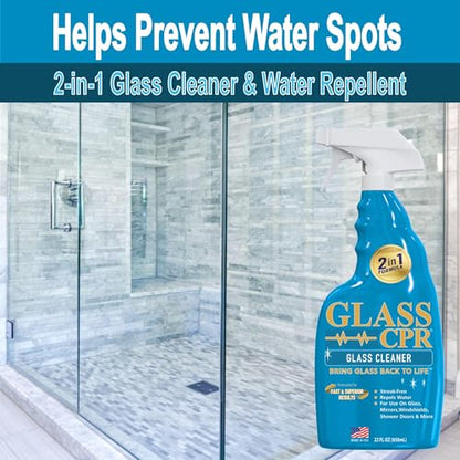 Glass CPR 2-in-1 Glass Cleaner and Water Repellent, 22 oz Spray plus 2 Microfiber Applicator Towels, Streak-Free for Shower Doors, Windshields, Mirrors, Hard Water Stain Formula, Made in USA