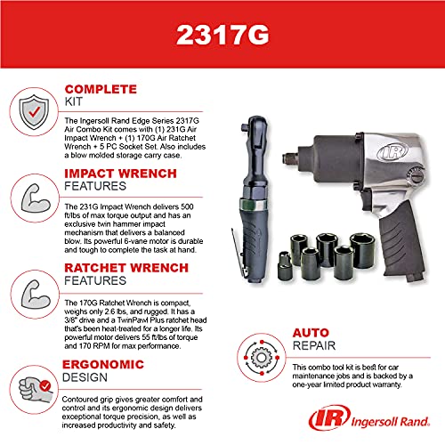 Ingersoll Rand 2317G 1/2" Air Impact Wrench and 3/8" Air ratchet Combination Kit, incl 5-piece Socket Set, Carrying case