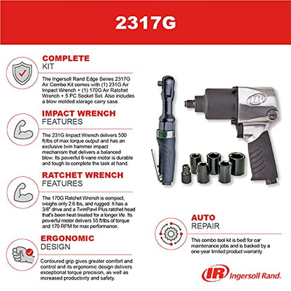 Ingersoll Rand 2317G 1/2" Air Impact Wrench and 3/8" Air ratchet Combination Kit, incl 5-piece Socket Set, Carrying case