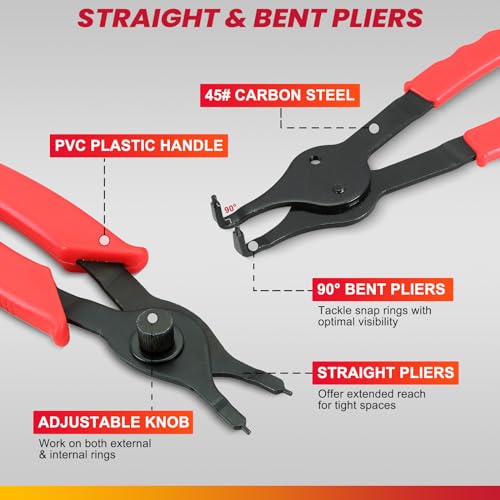 DASBET Snap Ring Plier Set 11PCS Straight & Bent Retaining Ring Pliers | w/Hook & Pick Heavy Duty Internal External Pliers .038in-.09in Circlip Combination Retaining Clip for Car Trunk Motorcycle - color: Red