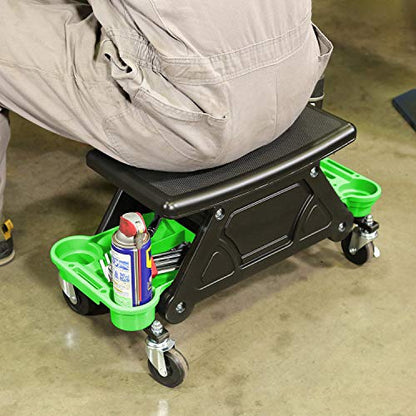 OEMTOOLS 24986 Heavy-Duty Rolling Workbench and Creeper Seat, Mechanics Stool with Wheels, Creepers, Shop Stools with Wheels, Automotive, Green and Black 300 LB Capacity | Molded Creeper Seat & Frame, 4 Multi-Purpose Cup Holders, Sliding Front Drawer for