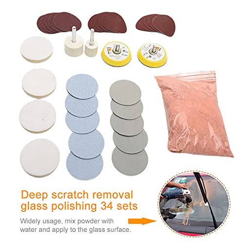 Glass Polishing Kit, 34Pcs Deep Scratch Remover Set for Windshield, Windows & Glass Repair with Felt Polishing Pads