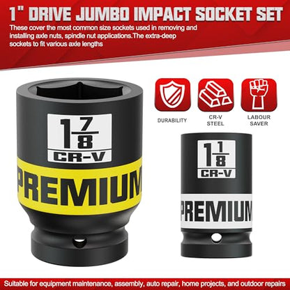 1" Drive Jumbo Impact Socket Set, SAE Axle Nut Sockets, 9-Piece (1-2 in.) Drive Deep Impact Socket Set, 6-Point, Cr-V Steel, Universal Hex Deep Socket Set with heavy Duty Storage Case - size: 1" 9pcs SAE