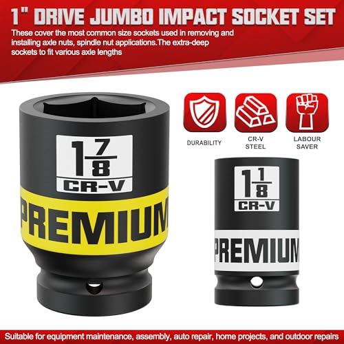 1" Drive Jumbo Impact Socket Set, SAE Axle Nut Sockets, 9-Piece (1-2 in.) Drive Deep Impact Socket Set, 6-Point, Cr-V Steel, Universal Hex Deep Socket Set with heavy Duty Storage Case - size: 1" 9pcs SAE