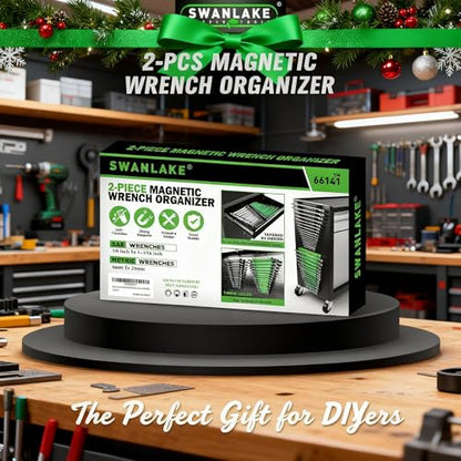Magnetic Wrench Organizer 2-Piece, 32-Slot Drawer Storage, SAE (1/4" to 1-1/16"), Metric (6mm to 24mm), Green and Black - color: 32-Slot Green&Black