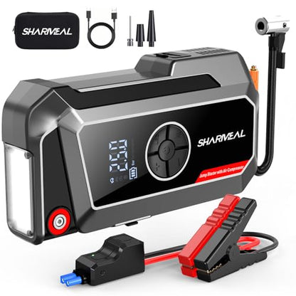 Sharmeal Jump Starter with Air Compressor, 7000A Car Battery Jump Starter (All Gas /12.0L Diesel), 200PSI Jump Starter Power Pack Portable 12V Jump Box with Jumper Cables, LED Light - color: Grey-7000A+ Air Compressor
