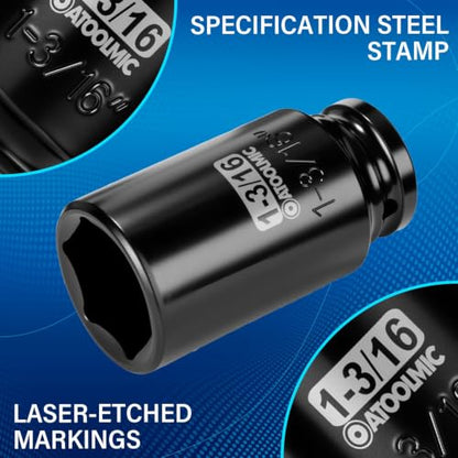 1/2" Drive x 1-3/16 Inch Deep 6PT CR-MO Impact Socket for Removing Axle nut | SAE Socket,6-Point Radius Corner Design,Two Size Markings,Square Chamfered Opening,For Removal of Axle Nut - size: 1-3/16 Inch, style: 1/2" Drive Deep Socket