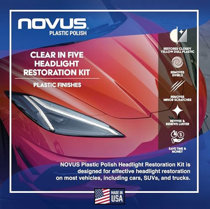 NOVUS Clear in Five Headlight Restoration Kit | 2 Ounce #1, 2, & 3 Bottles, Buffing Pad, Backing Pad Drill Attachment, 1,000 Grit Sanding Disk, 3 Polish Mates - size: NOVUS Headlight Restoration Kit