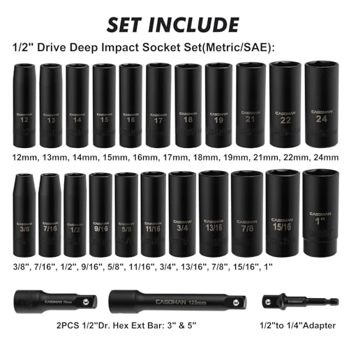 CASOMAN 25PCS 1/2" Drive Impact Socket Set, Deep, Cr-V Steel, 6 Point, Metric&SAE, 12mm to 24mm, 3/8 Inch to 1 Inch, Includes Extension Bars: 3-inch, 5-inch, 1/2-1/4 adapter - size: 1/2"Drive 25pcs Impact Socket Set