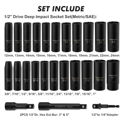 CASOMAN 25PCS 1/2" Drive Impact Socket Set, Deep, Cr-V Steel, 6 Point, Metric&SAE, 12mm to 24mm, 3/8 Inch to 1 Inch, Includes Extension Bars: 3-inch, 5-inch, 1/2-1/4 adapter - size: 1/2"Drive 25pcs Impact Socket Set