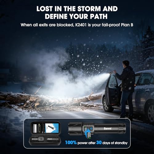 Banral Rechargeable Tactical Flashlights 2000 High Lumens - 5000mAh Super Bright LED Powerful Flash Light, Waterproof Handheld USB C Flashlight for Home,Car,Camping,Emergencies,5 Modes (1, Black) - color: Black
