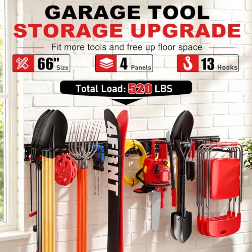 Garage Tool Organizer Wall Mount 66 inches with 13 Adjustable Heavy-Duty Hooks, Garage Organization, Garden Tool Storage Rack, Yard, and Shed, Holds Up to 520 lbs - size: 66" | 4 Panels + 13 Hooks