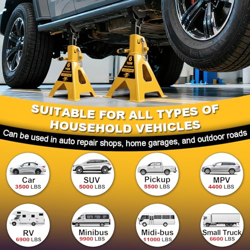 6 Ton (13,200 LBs) Jack Stands with Double Pin Locking,Rubber Cover,Large Foot Base,16-24In Adjustable Height Heavy Duty Jack Stands,Lifting Car,Bus,RV,SUV,MPV,Pickup Truck,1 Pair Yellow - color: yellow, size: 6Ton Load Capacity