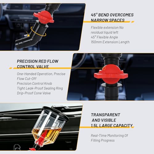 18Pcs Oil Funnel Kit, 1.59QT/1.5L Automotive Oil Funnel Set with 12 Adapters, Elbow Fitting, Arrow Screen and Magnetic Storage Hooks Tray, Compatible with BMW, Audi, GM, Ford Land Rover Etc