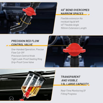 18Pcs Oil Funnel Kit, 1.59QT/1.5L Automotive Oil Funnel Set with 12 Adapters, Elbow Fitting, Arrow Screen and Magnetic Storage Hooks Tray, Compatible with BMW, Audi, GM, Ford Land Rover Etc
