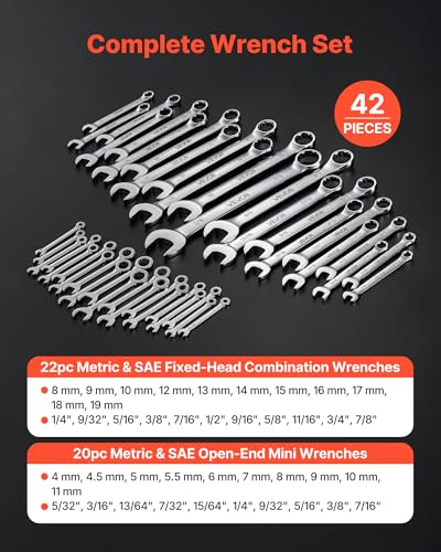 VEVOR Combination Wrench Set, 42-Piece SAE and Metric, 12-Point Box End and 15° Angled Open End Combination Wrenches with Roll Up Pouch, Carbon Steel, for General Household and Automotive Repairs - size: 42PCS (Metric&SAE), style: Regular