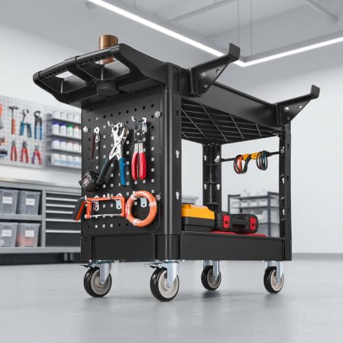VEVOR Heavy Duty Utility Cart with Tray & Pegboard, 550 LBS 2 Tier Service Cart with 360° Swivel & Fixed Wheels (2 with Brakes), Plastic Rolling Cart, Tool Storage for Garage Warehouse Workshop - size: 39.76 x 17.32 x 33.27 in