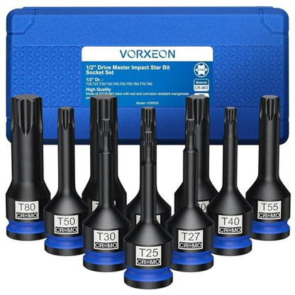 10 PCS 1/2" Drive Impact Star Bit Socket Set 42CRMO With Storage Case, Impact Torx Socket T25 T27 T30 T40 T45 T50 T55 T60 T70 T80 - size: Star Torx