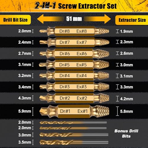 Topec 12 PCS Stripped Screw Extractor Set, Gift for Men, Easy Out Screw Extractor Set and Drill Bits for Remove Stripped, Rusty, Broken Head Nuts & Bolts - size: 12 Pieces