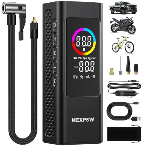 Tire Inflator Portable Air Compressor, NEXPOW 150 PSI Cordless Car Air Pump with Digital Gauge, Rechargeable 7800mAh Battery, LED Light, for Car Tires, Bike, Motorcycle, Ball, Inflatables