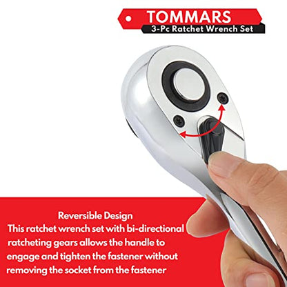 TOMMARS Ratchet Set 1/4" 3/8" 1/2" Drive Socket Wrench Mechanic Hand Tool | 72 Tooth 5-degree swing arc, Quick Release, Reversible - size: 1/4", 3/8", 1/2" Drive, style: Ratchet Set