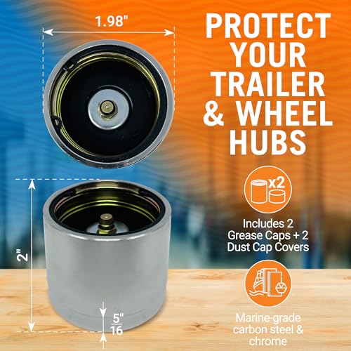 Trailer Hub Grease Cap 1.98 Inch, Spring-Loaded Bearing Protectors for Boat and Utility Trailers, Carbon Steel and Chrome, Zerk Fitting, 2 Pack - Better Boat