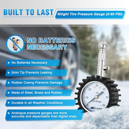 Nilight Tire Pressure Gauge 60PSI Heavy Duty Stainless Steel Air Chucks ANSI B40.1 Certified Large 2" Dial Wheel Service Checker for Truck Semi Truck ATV Motorhome Cars & RV Accessories - color: 60psi Tire Gauge