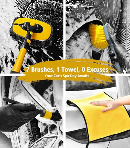 YeewayVeh Car Wash Kit, Extendable Car Wash Brush Mop with Long Handle, 5pcs Detailing Brush, 1pc Wheel Brush and Microfiber Towel Car Cleaning Kit Supplies Accessories, Ginger - color: Ginger, size: 8 pieces